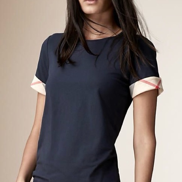 Burberry Tops - Burberry Brit Navy Blue Cotton Short Sleeve Nova Check Cuff T-Shirt Tee Size XS